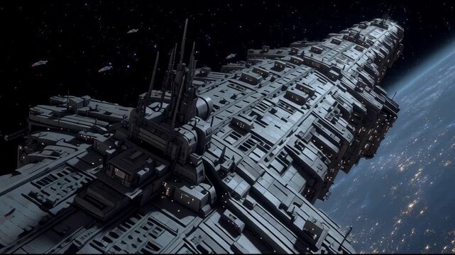 A derelict space hulk slowly moving through space near a distant planet. An exploration of the structure and its details unfolds.