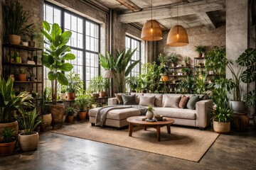 Fototapeta premium Loft style living room showcasing diverse potted plants in a contemporary setting