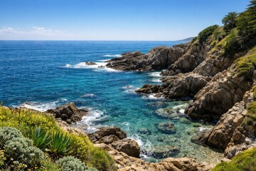 Fototapeta premium Relaxing oceanfront view with jagged rocky shore deep blue waters clear sky and vibrant green plants on a sunny summer day