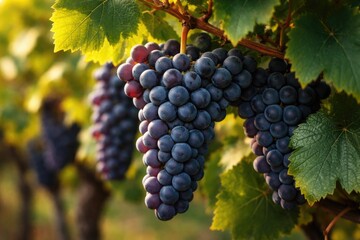 Naklejka premium Closeup of Pinot Noir grape bunches growing among green leaves