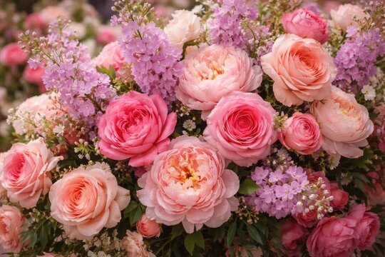Vibrant floral display featuring rosy roses peonies and scented matthiola