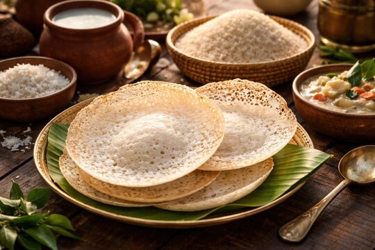South Indian morning meal with paalappam and raw rice specialties