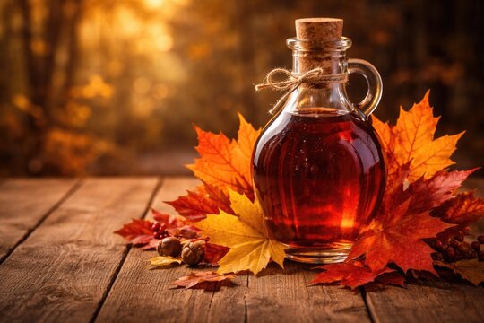 Bottle filled with maple syrup decorated with fall leaves on wooden surface copy space