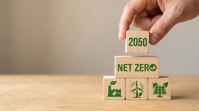Hand placing a wooden block with the number 2050 on top of other wooden blocks with words and graphics representing Net Zero concept
