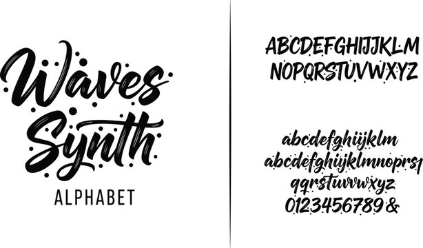Decorative cursive waves synth font alphabet, modern stylish typography design, creative lettering showcase, artistic typeface presentation, flat vector illustration