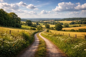 Naklejka premium Picturesque lane crossing serene English countryside with open skies