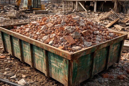 Construction site dumpster piled with red brick rubble from structural teardown