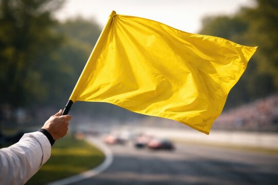 Yellow flag raised to signal caution during motor race with blurred natural scenery in back