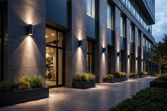 Outdoor lighting setup with modern wall mounted downlights on corporate building facade