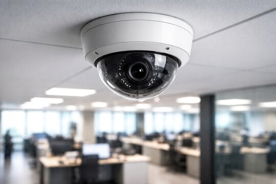 Security camera installed on ceiling for continuous office surveillance