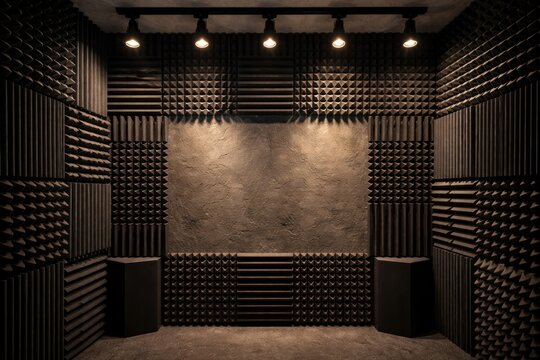 Studio soundproofing with acoustic foam tiles and adjustable lighting over textured wall background