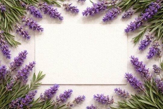 Lavender flowers and leaves positioned around paper card background with copy space in flat horizontal format