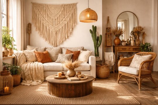 Stylish bohemian living space with beige macrame and curated accessories