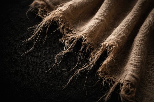 Textured beige torn cloth with thread details on black background