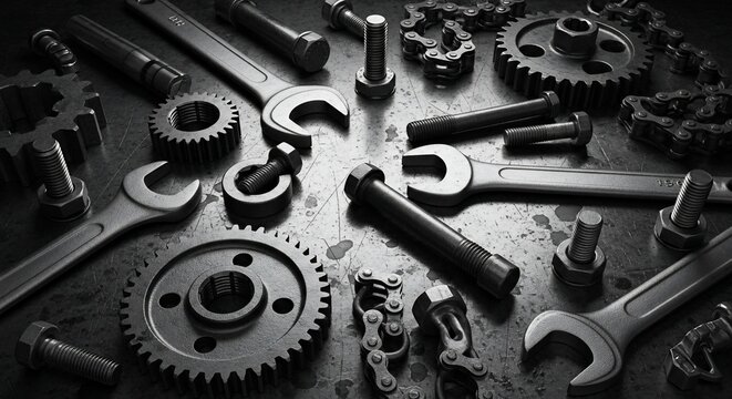 Monochrome Industrial Gears and Mechanical Tools Close-Up