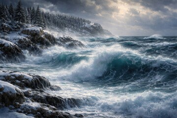 Fototapeta premium Winter marine scene showing hand painted ocean waves and tidal sea motion