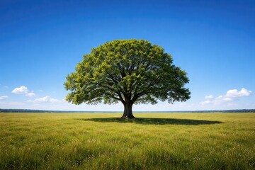 Fototapeta premium Solitary tree in a wide field with vibrant blue sky background