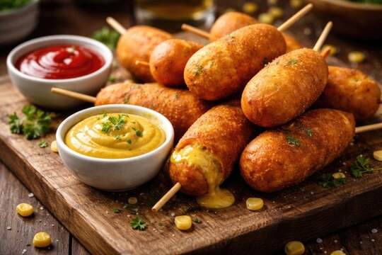 Wooden board showcasing side view of homemade mini corn dogs with dipping sauce