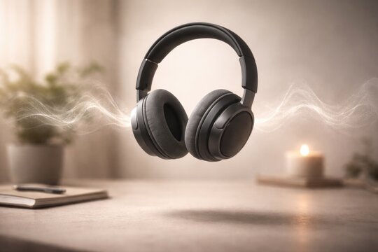 Over ear headphones levitating playing minimal soundscape