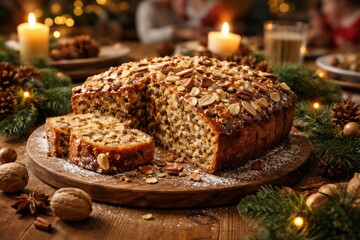 Naklejka premium Holiday morning cake filled with crunchy nuts and toasted almonds for family