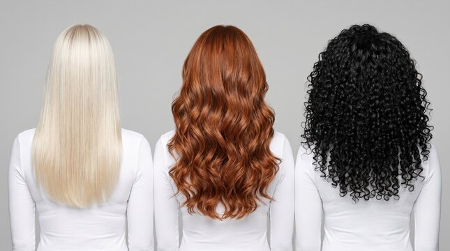 Back view of three women with different hair types and colors, including blonde straight hair, auburn wavy hair, and black curly hair