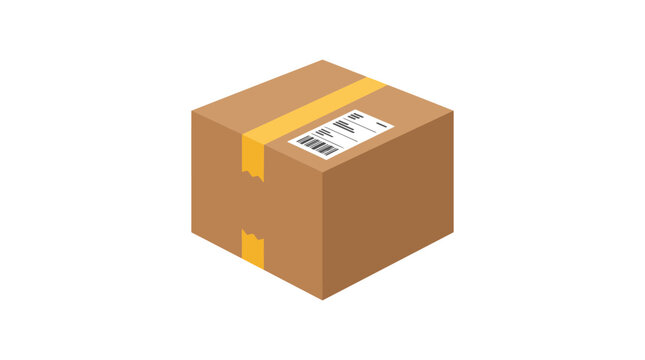 Isolated 3d isometric brown cardboard delivery box with yellow tape and shipping label symbolizing logistics shipping e commerce and package services on a clean white background