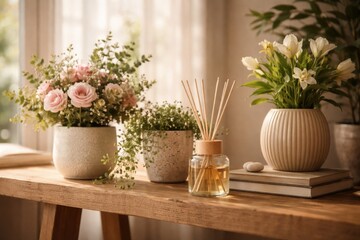 Fototapeta premium Relaxing indoor scene with floral pots and reed diffuser placed on handcrafted wood shelf