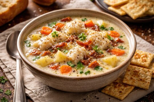 Savory creamy haddock and cod chowder served with crunchy crackers