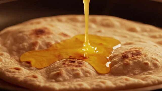 Freshly baked flatbread being drizzled with golden honey or ghee, appetizing food preparation, warm inviting atmosphere, close up detail