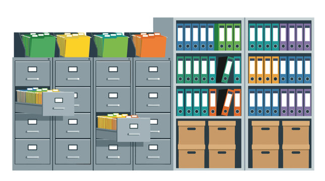 Several industrial metal filing cabinets with extended drawers containing colorful hanging folders stand beside tall shelves organized with many binders and archive boxes.