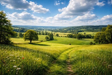 Naklejka premium Picturesque nature scenes with abundant green fields and open skies