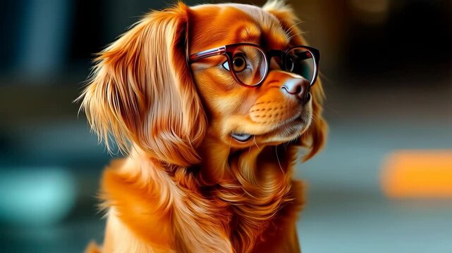 Close-up of a clever Cavalier King Charles Spaniel wearing glasses. Cinematic 4K video for pet insurance, veterinary ophthalmology, and funny office-style marketing. High-quality 3D render.