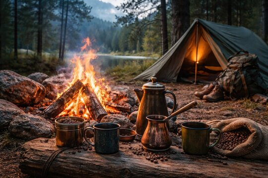 Camping and hiking journey with traditional coffee set and bonfire in natural setting