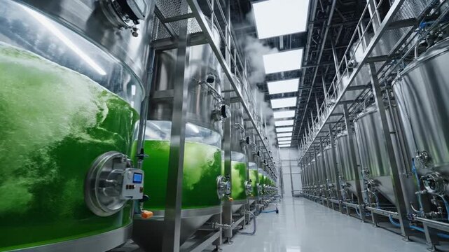 Rows of industrial bioreactors with transparent tanks cultivating green algae culture in a modern facility for biofuel production, carbon capture, and biotechnology research.