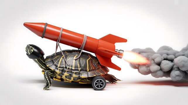 Funny turtle carrying rocket with smoke isolated on white background