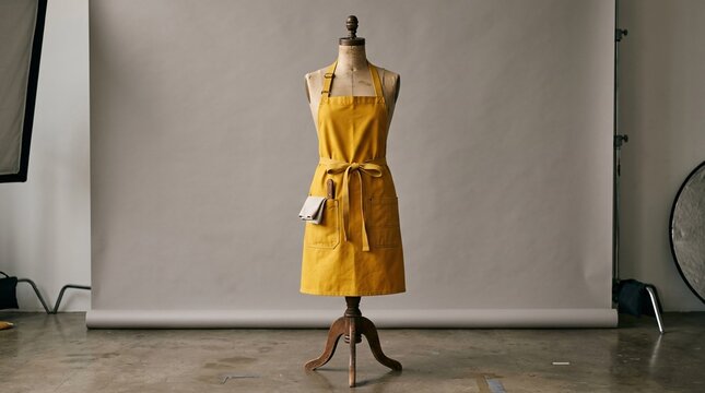Bright mustard yellow canvas chef apron with large pockets ties neatly around a vintage dressmaker dummy inside an empty photography studio.