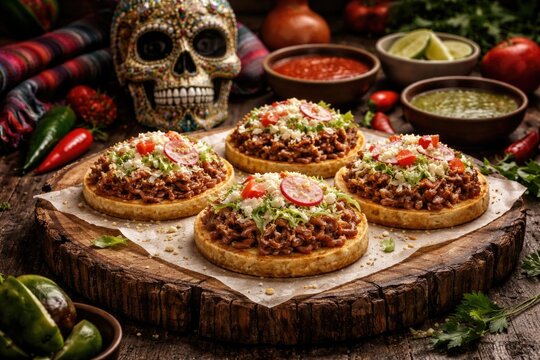Rustic presentation of meat sopes with a decorative skull on a wooden slab in Mexican style