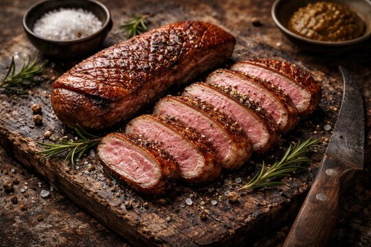 Fresh duck breast sliced on vintage rustic surface representing paleo diet meal