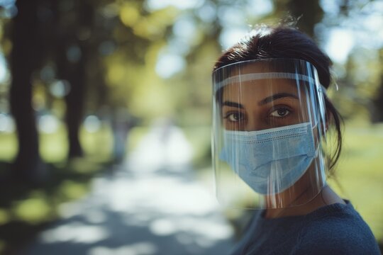 Candid outdoor portrait of a masked woman with face shield in a lush park setting