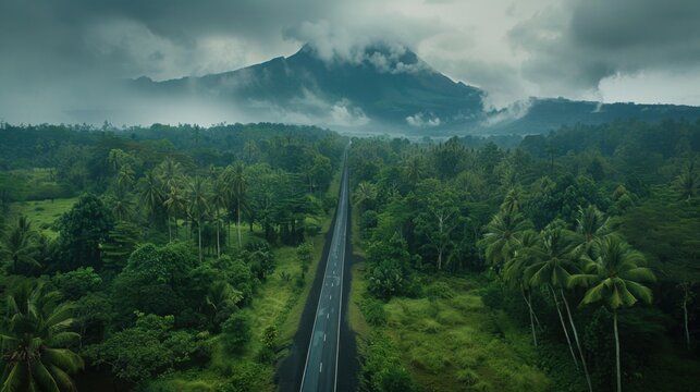 Cinematic aerial perspective of a straight asphalt road cutting through a lush green tropical forest towards a dramatic misty mountain shrouded in dense low clouds on a moody overcast day