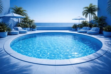 Fototapeta premium Outdoor round pool with crystal clear blue water displayed on a monochrome blue setting