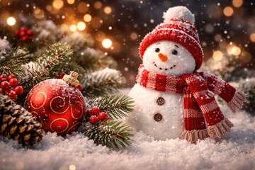 Naklejka premium Traditional holiday greeting displaying a happy snowman, festive ornament, and natural pine twigs on snow