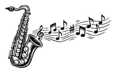 Naklejka premium Saxophone playing music, creating a flowing melody with musical notes, clef, and wavy lines, representing harmony and rhythm
