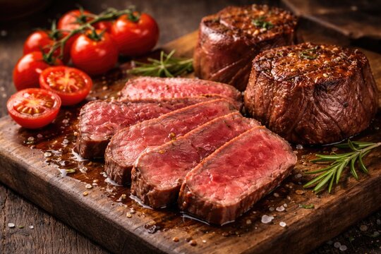 Succulent red meat beef fillet medallions freshly sliced on wooden board with tomato garnish