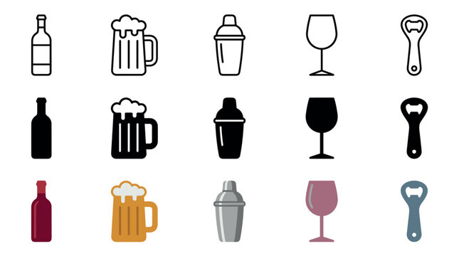 Beverage and bar icons collection featuring various drinkware, bottles, and tools presented in outline, solid, and colored styles.