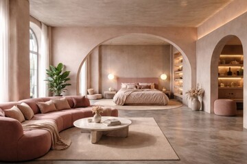 Fototapeta premium Stylish abstract design combining living and sleeping areas with pink tones and concrete floors
