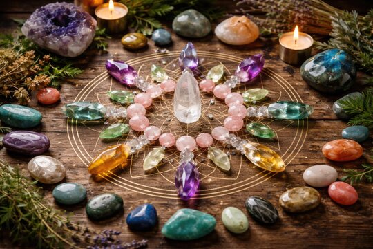 Positive energy crystal grid featuring diverse stones on rustic wood for healing