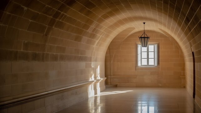 Historic stone corridor interior with arched ceiling and window light in ancient architecture