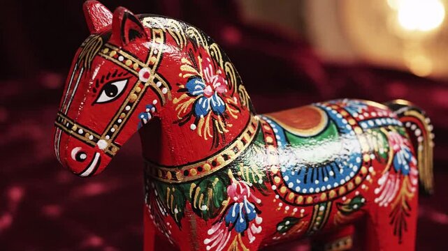 Close up of a traditional red painted Dala horse, detailed folk art with colorful floral patterns and golden accents, cultural symbol from Sweden