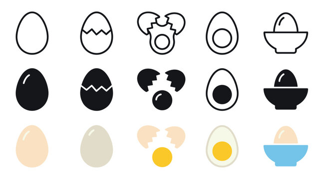 Egg icons illustrating various stages of preparation, from whole and cracked to broken with yolk and served in a cup, presented in different styles.